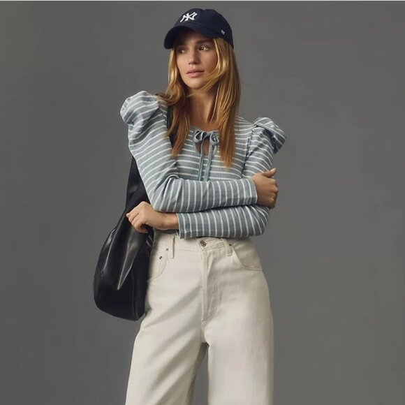 Brand New Porridge Long Puff-Sleeve Tie-Front Top - Picture 1 of 12
